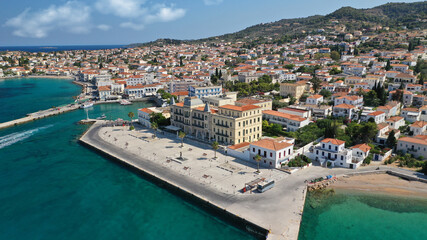 Aerial drone bird's eye view photo of picturesque neoclassic houses in historic and traditional...