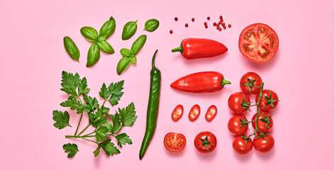 Tomato, basil, spices, bell chili pepper. Vegan diet food, creative composition on pink. Fresh basil, herb, cherry tomatoes layout, cooking sauce colorful concept, top view.
