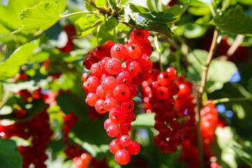 Closeup of isolated bright ripe juicy gooseberries (ribes rubrum) hanging on bush in german fruit plantation in summer - Germany