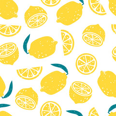 Bright colorful lemons vector seamless pattern on white background.