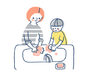石鹸で手を洗うお母さんと男の子
