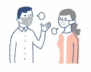 マスクをして控えめな会話をする男女