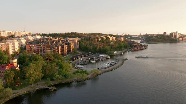 Nacka strand in Stockholm, Sweden. Aerial view flying forward.