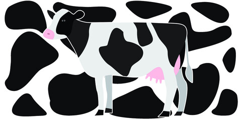 Vector illustration of a cow on black and white background. Domestic animal illustration. Farm collection
