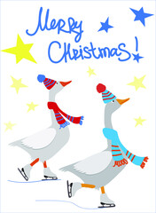 Fototapeta na wymiar Vector illustration of a goose in hat and scarf and skates. Domestic animals friends on the ice rink. Winter christmas greeting card. Flat graphic