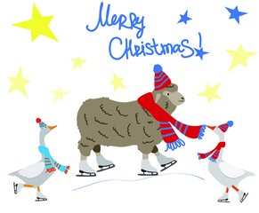 Vector illustration of sheep and goose in hat and scarf and skates. Domestic animals on the ice rink. Winter christmas greeting card. Flat graphic
