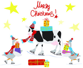 Vector illustration of a goose and cow in hat and scarf and skates with christmas presents. Winter christmas greeting card. Flat graphic