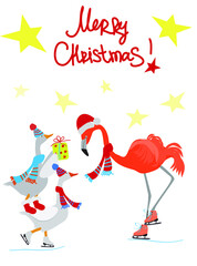 Vector illustration of a goose and flamingo in hat and scarf and skates with christmas present. Winter christmas greeting card. Flat graphic