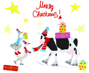 Vector illustration of a goose and cow in hat and scarf and skates with christmas presents. Winter christmas greeting card. Flat graphic