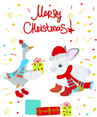 Vector illustration of a goose and bunny in hat and scarf with christmas presents. Winter christmas greeting card. Flat graphic