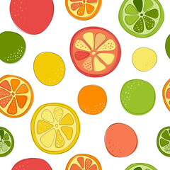 Seamless pattern background with citrus fruits. Vector lemon, lime, orange, grapefruit in the style of hand drawn illustration or sketch. cut ripe pieces.