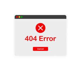 404 error. Window of user white Interface. System message with report template unknown error on white background. Vector.