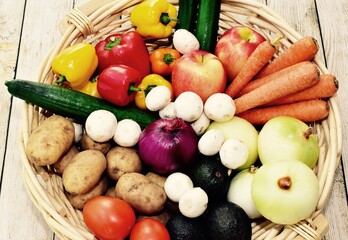 Fresh organic summer harvested vegetables washed and ready for preparing healthy meals and side dishes to share as a family