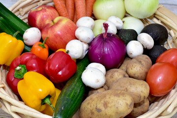 Fresh organic summer harvested vegetables washed and ready for preparing healthy meals and side dishes to share as a family