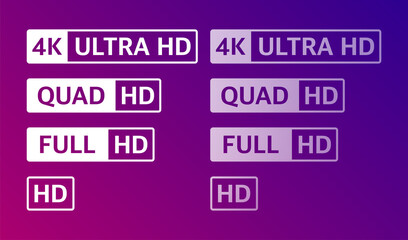 4K UHD, Quad HD, Full HD and HD resolution presentation nameplates with abstract gradient color background. TV symbols and icons of white colors. Vector.