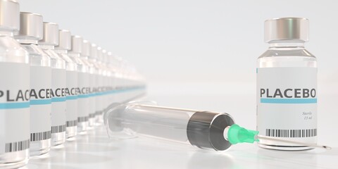 Vials with placebo medicine and syringe. 3D rendering