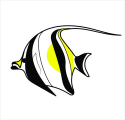exotic fish in cartoon sketch with black line. Stock illustration isolated on a white background. One colored fish in white, black and yellow for the aquarium. Can be used for children's book or menu.