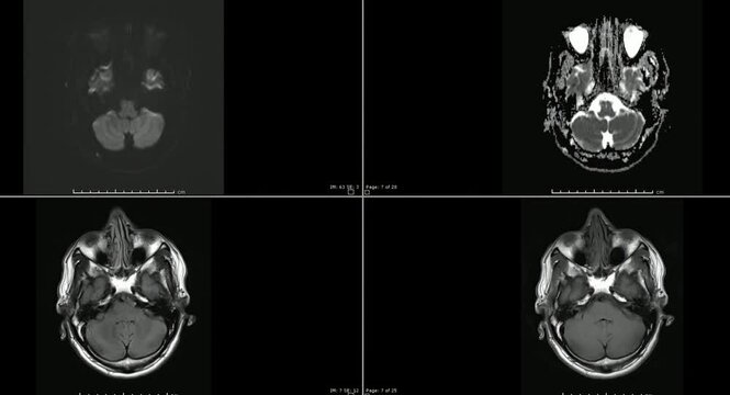 Magnetic resonance  images (MR) of brain infarction in cine mode showing multiple axial sequences running together. 