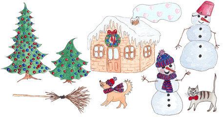 Watercolor hand drawing Christmas illustration. Snowman cat and dog , broom, christmas pine tree image.
 