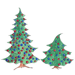 Watercolor hand drawing Christmas illustration. TDacorated Christmas pine tree image. green, blue, red pine tree  image