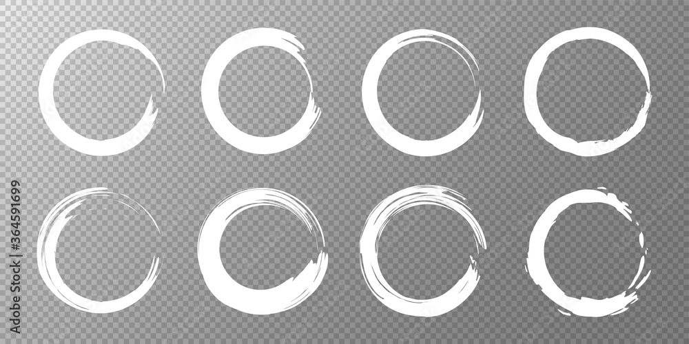 Poster Set circles line textured hand drawn abstract of white color isolated on transparent background. Eight objects. Vector