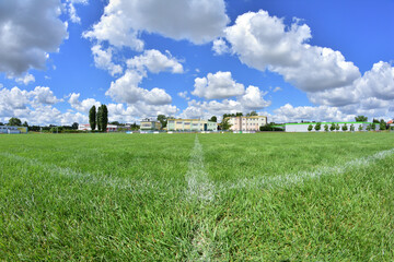 A line on the grass on a football field on a sunny day. Fisheye lens.