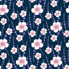seamless pattern with pink and violet flowers on dark blue background
