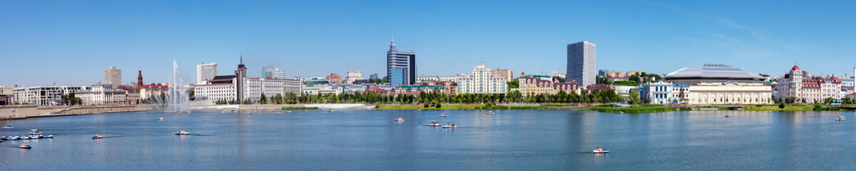 Fototapeta na wymiar Panoramic view of the coastline of lake Kaban, Kazan, Tatarstan Republic.