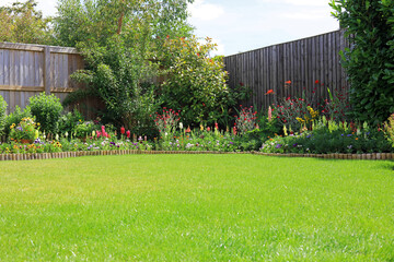 A colourful flower and shrub border in a back garden. - obrazy, fototapety, plakaty