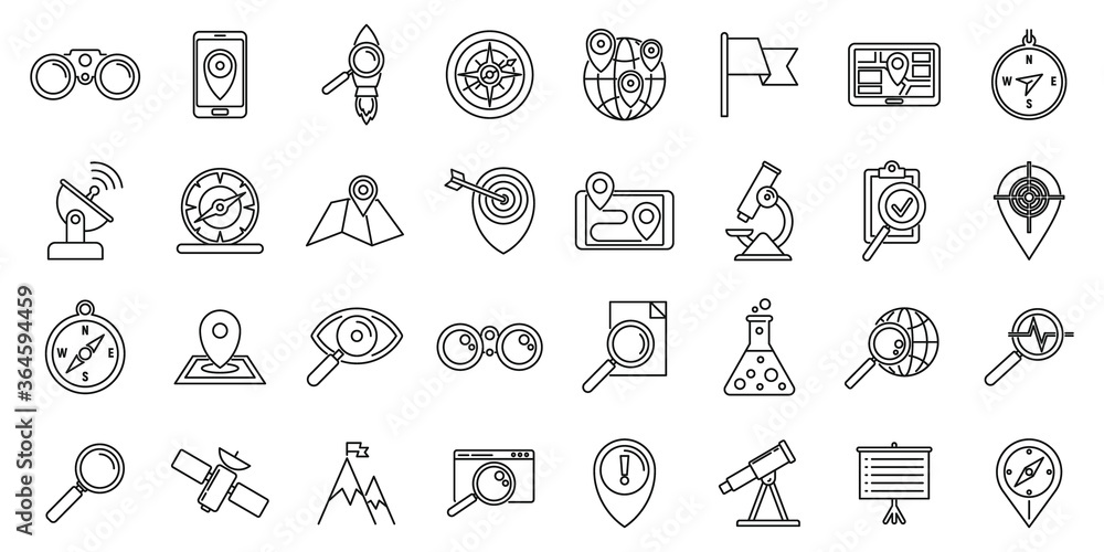 Poster research icons set. outline set of research vector icons for web design isolated on white background