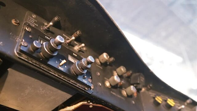 Flight Controls Inside the Cockpit of an Old Bomber. Close-Up. 