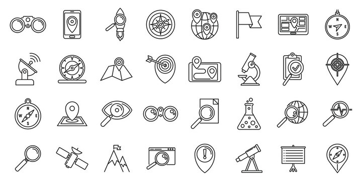 Research icons set. Outline set of research vector icons for web design isolated on white background