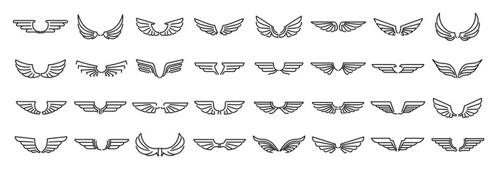 Angel wings icons set. Outline set of angel wings vector icons for web design isolated on white background