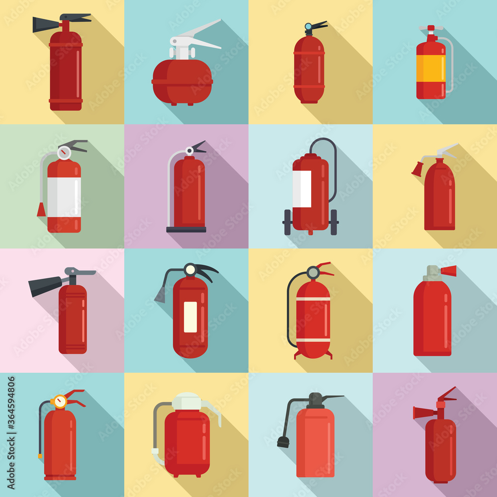 Poster fire extinguisher icons set. flat set of fire extinguisher vector icons for web design