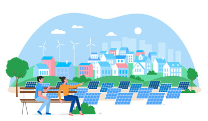 Alternative city green energy concept flat vector illustration. Cartoon urban cityscape with people enjoying view of eco friendly housing complex, houses, windmills, solar panels isolated on white