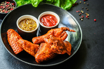 chicken wings smoked fried meat barbecue hen grill Menu serving size. food background top view copy space organic healthy eating