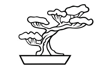 Japanese traditional symbol bonsai in ink Isolated on white background. Hand drawn vector decorative element for decoration, postcard, flyer, banner or website