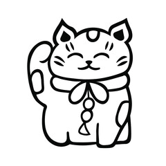 Japanese traditional symbol Maneki Neko cat with raised paw in ink Isolated on white background. Hand drawn vector decorative element for decoration, postcard, flyer, banner or website