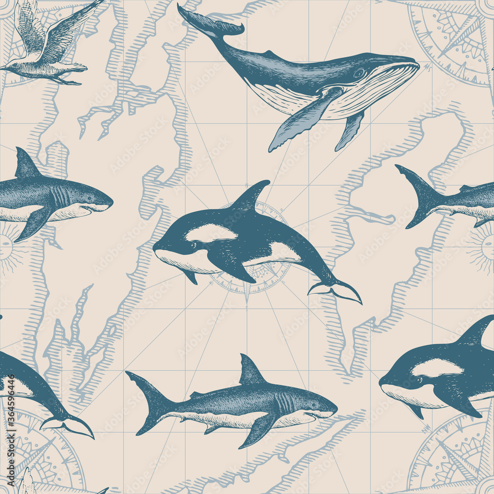 Aufkleber hand-drawn seamless pattern with various fishes on the background of old map in vintage style. vecto