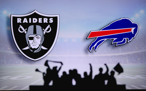 Las Vegas Raiders vs. Buffalo Bills. Fans support on NFL Game. Silhouette of supporters, big screen with two rivals in background.