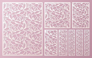 Laser and die cut ornamental panels template set with pattern of magnolia flowers. Cabinet fretwork panel. Lasercut metal panel. Wood carving.