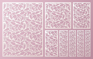 Laser and die cut ornamental panels template set with pattern of magnolia flowers. Cabinet fretwork panel. Lasercut metal panel. Wood carving.