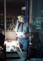 Businessman working late in office
