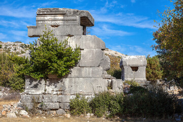 sarcophagus ruins in ancient sidyma city, Sidyma Ruins, Fethiye, Mugla, Turkey.