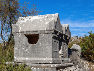 sarcophagus ruins in ancient sidyma city, Sidyma Ruins, Fethiye, Mugla, Turkey.