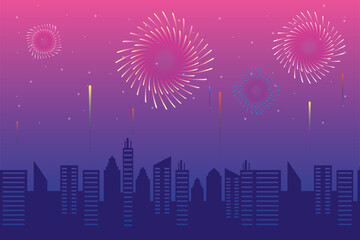 Fireworks burst explosions with citycape in pink sky background