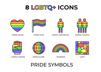 Set of 8 LGBTQ+ pride icons and symbols. Vector illustrations of LGBTQ+ Power, Pride heart, Pride flag, LGBTQ+ Person, Couple, Pride Globe, Rainbow, and LGBTQ+ Unity.