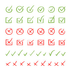 Super set hand drawn check mark. Doodle v checklist marks icon set. Vector illustration