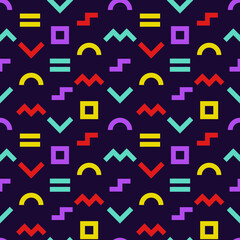 Memphis style seamless pattern. Colorful geometric shapes background with dark backdrop. Vector illustration. Wrapping paper texture. Abstract cover design. Pattern template in swatches panel.