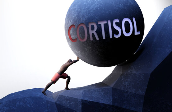 Cortisol as a problem that makes life harder - symbolized by a person pushing weight with word Cortisol to show that Cortisol can be a burden that is hard to carry, 3d illustration